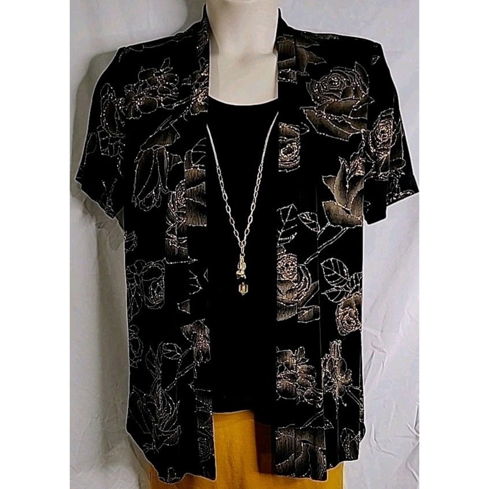 Vtg R & M Richards Womens Elegant Top Size 10 Black & Gold Glittery Floral 80s